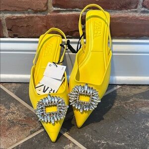 NWT Zara Yellow Slingback Flats with Crystal Embellishment